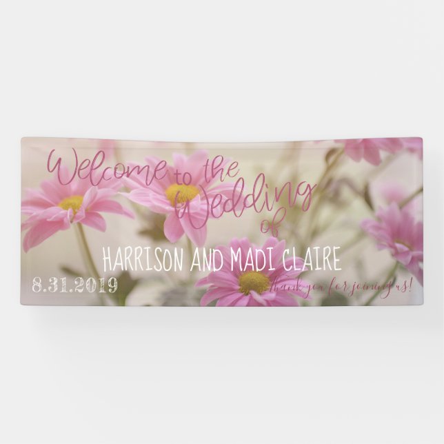 Pink Daisies Welcome to the Wedding Banner 2.5'x6' (Horizontal)