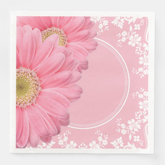 Pink Daisies & White Lace Party Wedding Reception Napkin (Front)