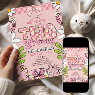 Pink Daisy 2nd Birthday Retro Birthday Invitation