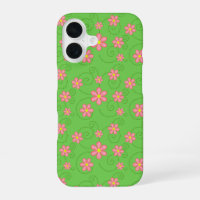 Pink Daisy and Bug Trail Pattern On Bright Green