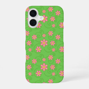 Pink Daisy and Bug Trail Pattern On Bright Green iPhone 16 Case