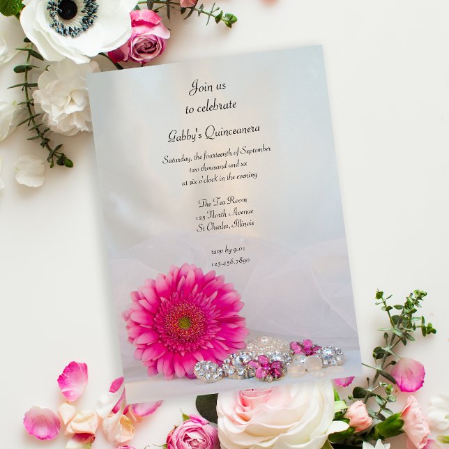 Pink Daisy and Buttons Quinceañera Party Invitation (Creator Uploaded)