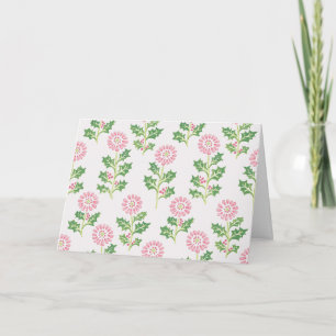 Pink Daisy and Holly Christmas Card White Botanica