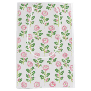 Pink Daisy and Holly Christmas Gift Bag White