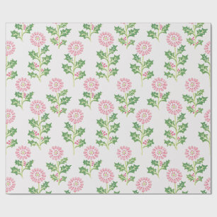 Pink Daisy and Holly Christmas Wrapping Paper Whit