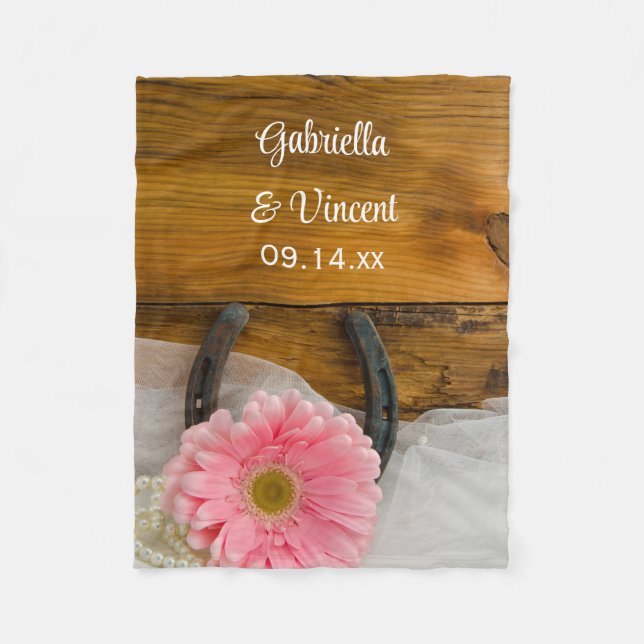 Pink Daisy and Horseshoe Country Wedding Keepsake Fleece Blanket (Front)