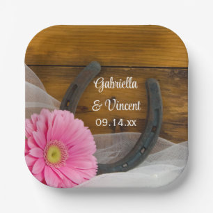 Pink Daisy and Horseshoe Country Wedding Paper Plate