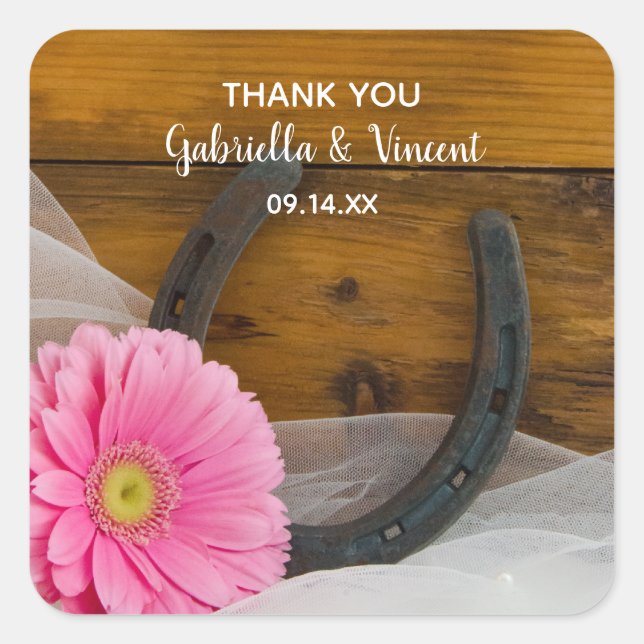 Pink Daisy and Horseshoe Country Wedding Thank You Square Sticker (Front)