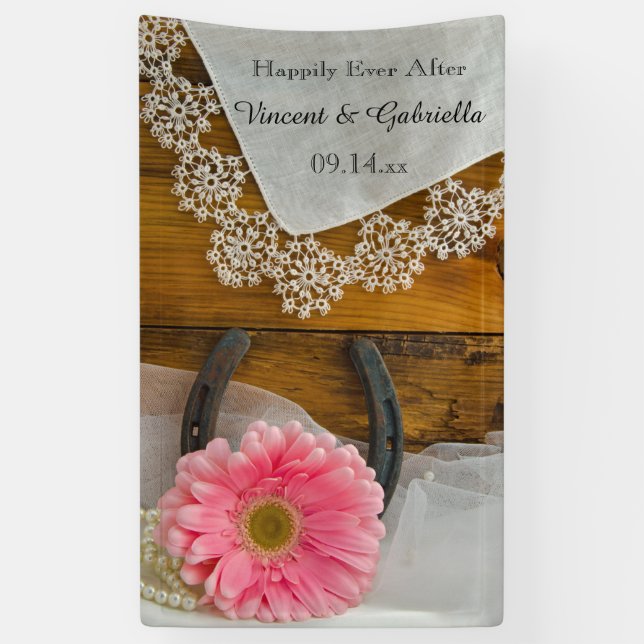 Pink Daisy and Horseshoe Country Western Wedding Banner (Vertical)