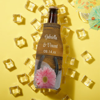 Pink Daisy and Horseshoe Country Western Wedding Bottle Cooler