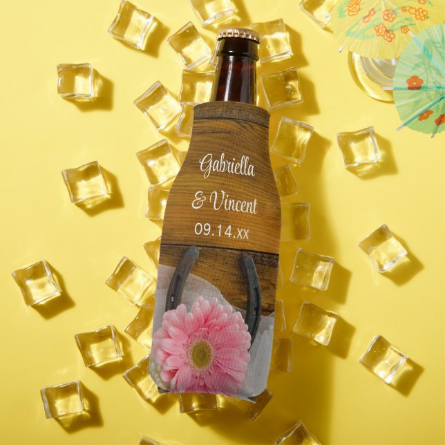 Pink Daisy and Horseshoe Country Western Wedding Bottle Cooler (In Situ Summer)