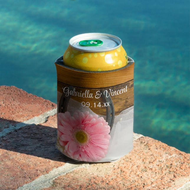 Pink Daisy and Horseshoe Country Western Wedding Can Cooler (In Situ Pool)