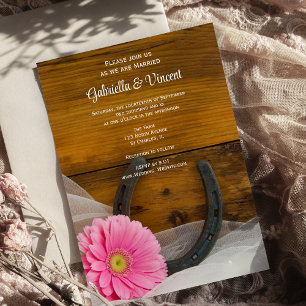 Pink Daisy and Horseshoe Country Western Wedding Invitation