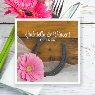 Pink Daisy and Horseshoe Country Western Wedding Napkin