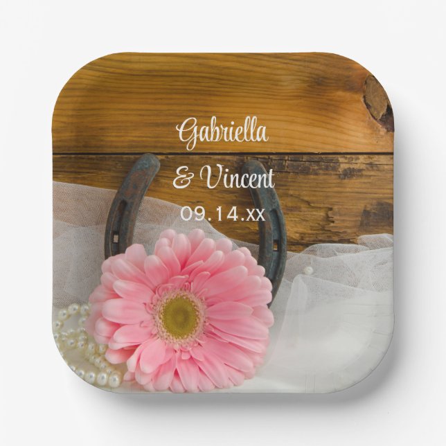 Pink Daisy and Horseshoe Country Western Wedding Paper Plate (Front)