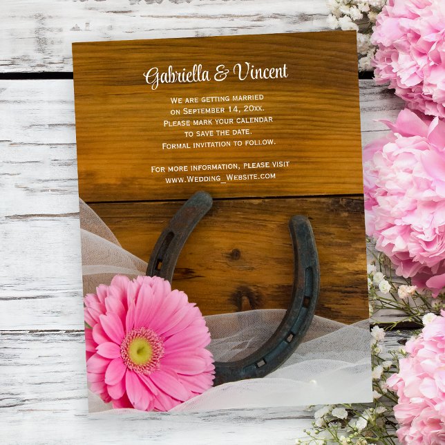 Pink Daisy and Horseshoe Wedding Save the Date Magnetic Invitation (Creator Uploaded)