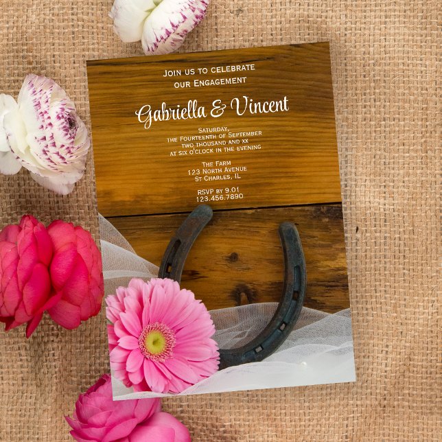 Pink Daisy and Horseshoe Western Engagement Party Invitation (Creator Uploaded)