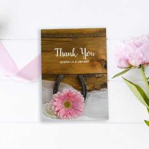 Pink Daisy and Horseshoe Western Wedding Thank You Card
