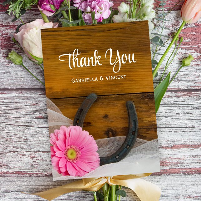 Pink Daisy and Horseshoe Western Wedding Thank You Card (Creator Uploaded)