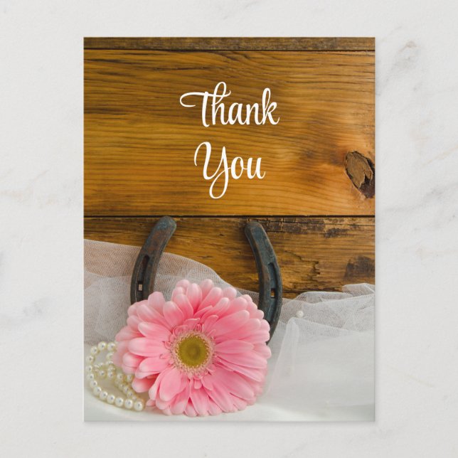 Pink Daisy and Horseshoe Western Wedding Thank You Postcard (Front)