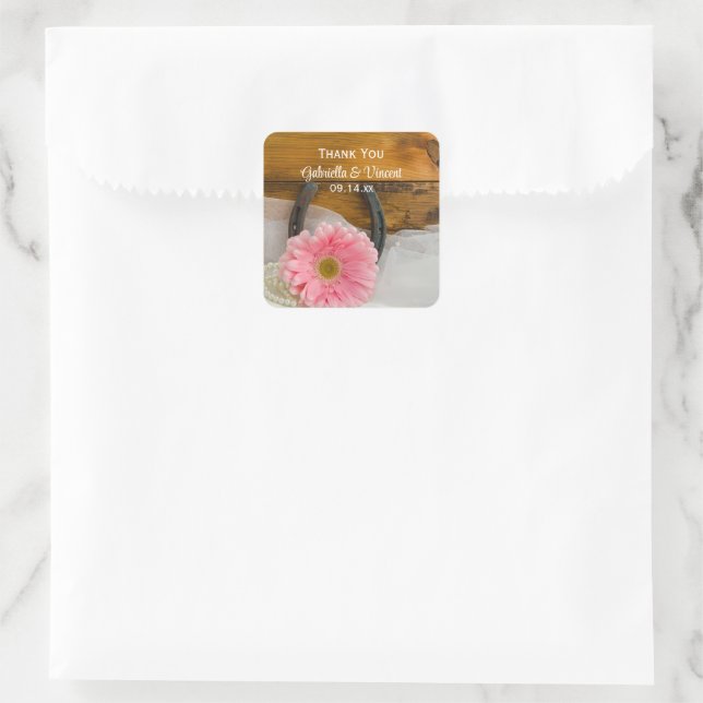 Pink Daisy and Horseshoe Western Wedding Thank You Square Sticker (Bag)