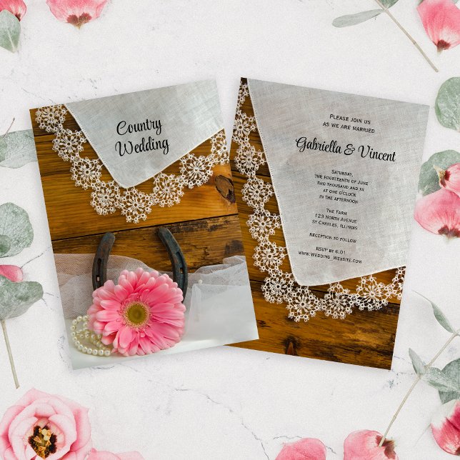 Pink Daisy and Lace Country Western Wedding Invitation (Creator Uploaded)