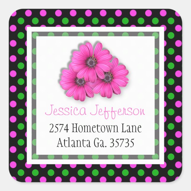 Pink Daisy and Polka-dot Address Stickers (Front)