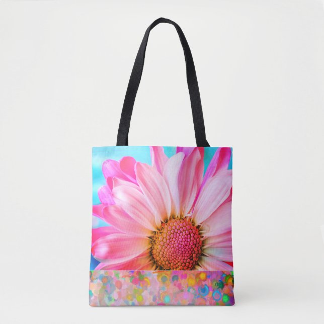 Pink daisy and polka dot tote bag (Front)