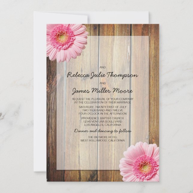 Pink Daisy Barn Wood Wedding Invitation (Front)