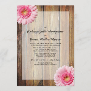 Pink Daisy Barn Wood Wedding Invitation
