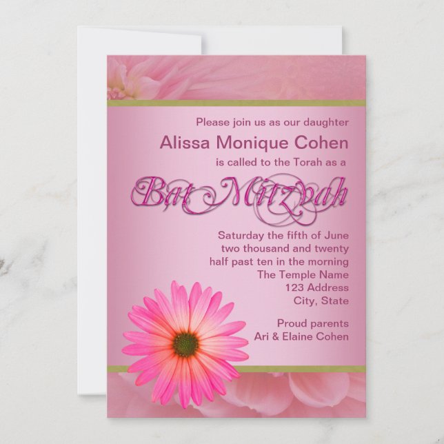 Pink Daisy Bat Mitzvah Invitations (Front)