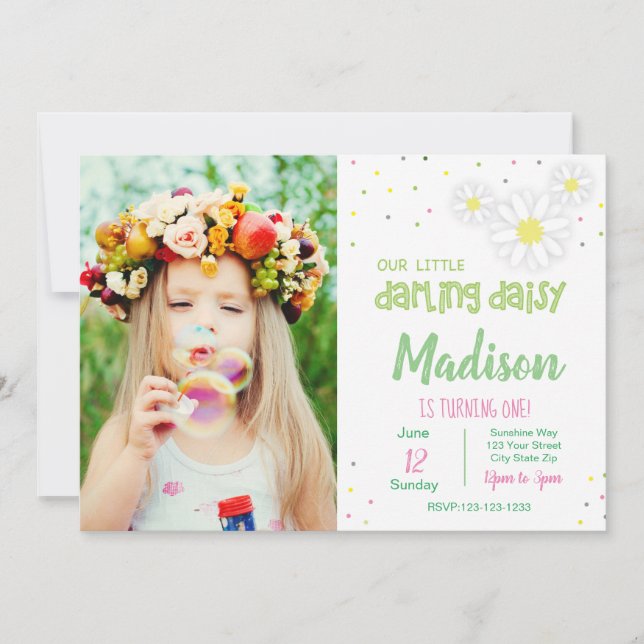 Pink Daisy Birthday Invitation with Photo (Front)