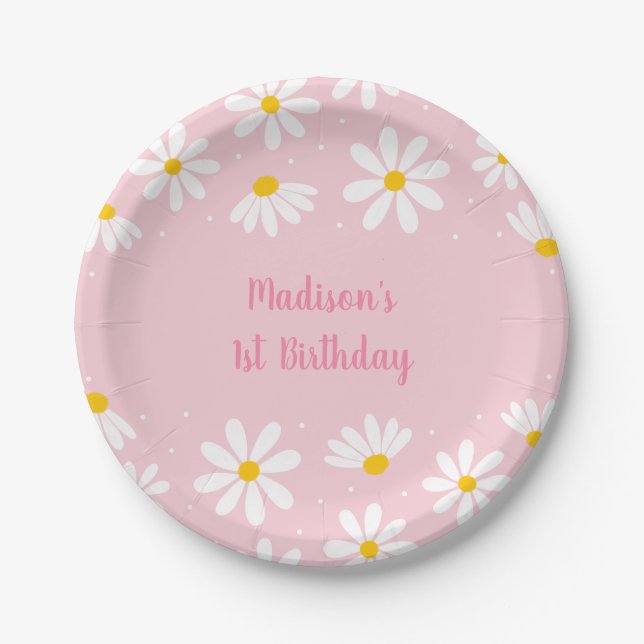 Pink Daisy Birthday Paper Plate (Front)