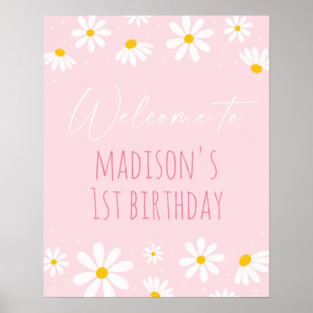 Pink Daisy Birthday Welcome Poster (Front)