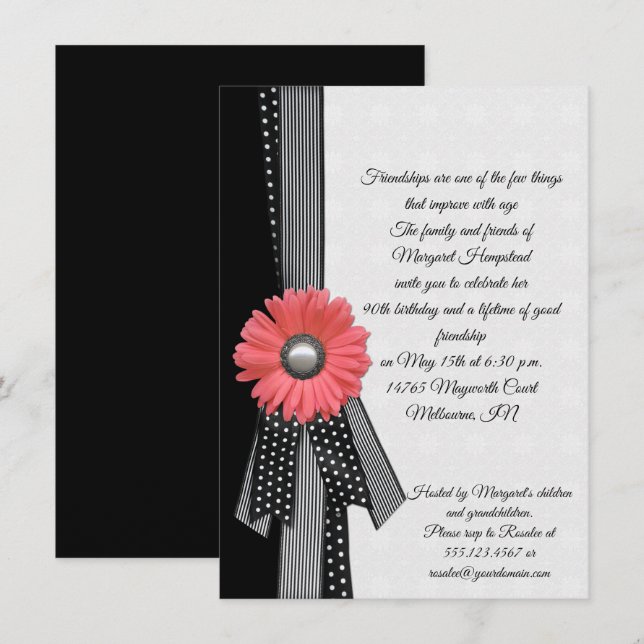Pink Daisy Black and White Polka Dots Birthday Invitation (Front/Back)