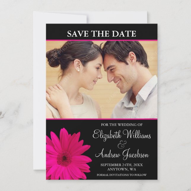 Pink Daisy Black Photo Save the Date (Front)
