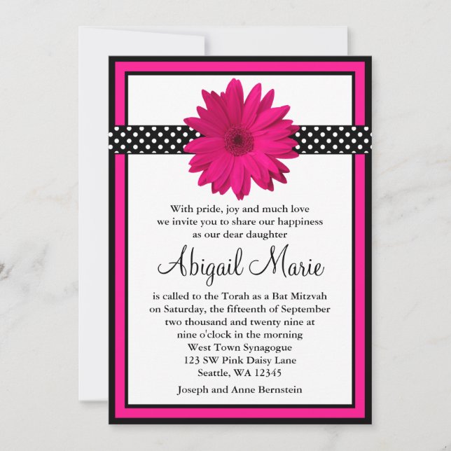 Pink Daisy Black Polka Dots Bat Mitzvah Invitation (Front)