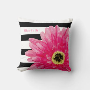 Pink Daisy Black Stripe Name Cushion