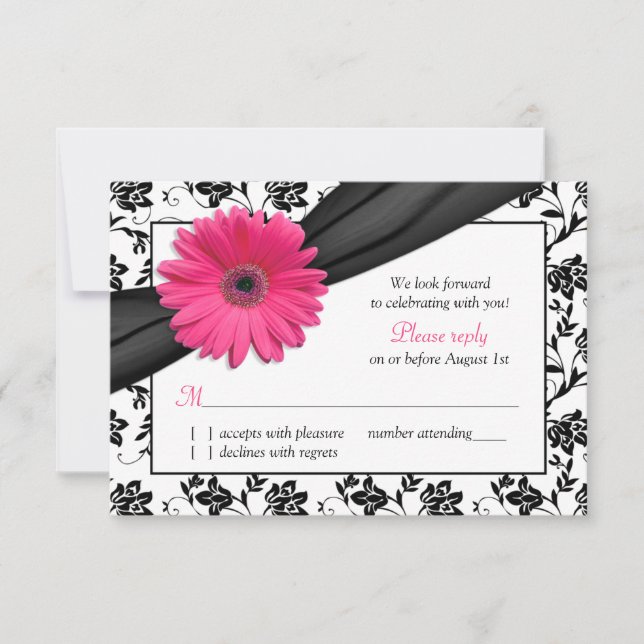Pink Daisy Black White Floral Damask Wedding RSVP (Front)