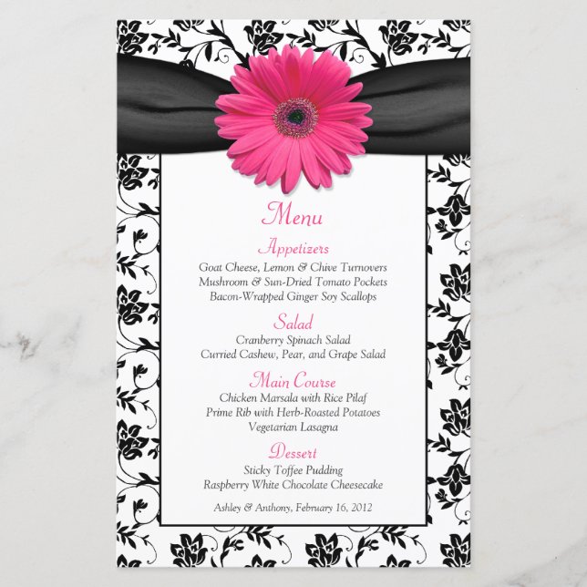 Pink Daisy Black White Floral Wedding Menu Card (Front)