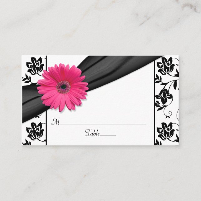 Pink Daisy Black White Floral Wedding Place Cards (Front)