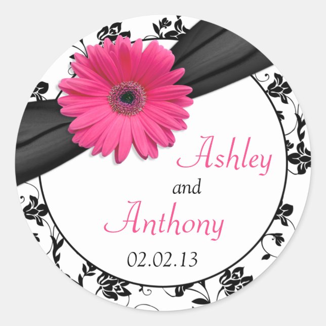 Pink Daisy Black White Floral Wedding Stickers (Front)