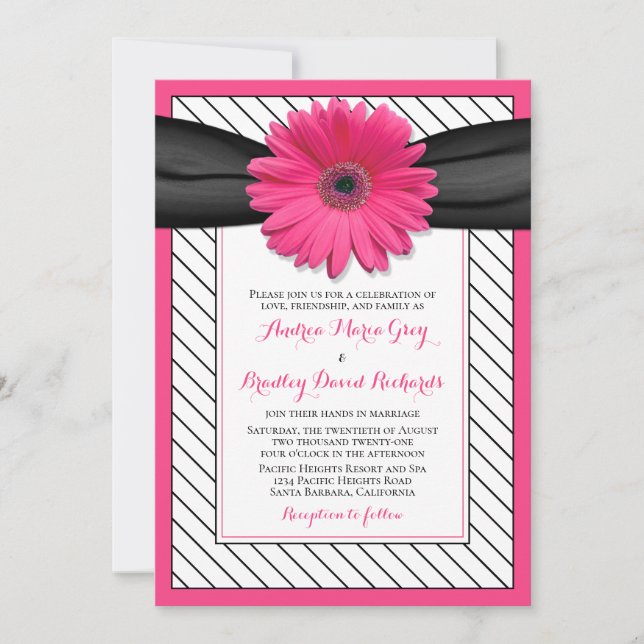 Pink Daisy Black White Pinstripe Wedding Invitation (Front)