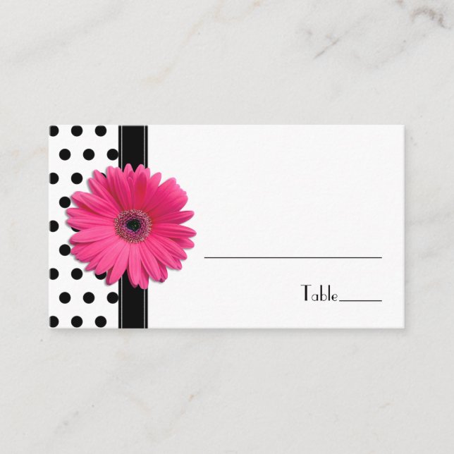 Pink Daisy Black White Polka Dot  Place Card (Front)