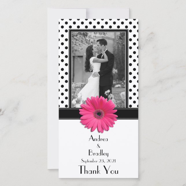 Pink Daisy Black White Polka Dot Wedding Photocard Thank You Card (Front)
