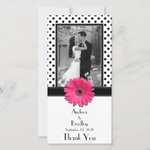 Pink Daisy Black White Polka Dot Wedding Photocard Thank You Card