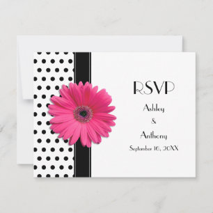 Pink Daisy Black White Polka Dot Wedding RSVP Card