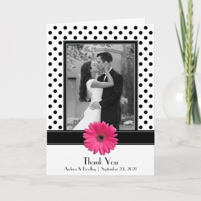 Pink Daisy Black White Polka Dot Wedding Thank You (Front)