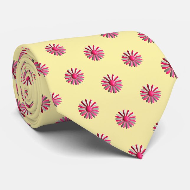 Pink Daisy Blossons Flowers Butter Yellow Trendy Tie (Rolled)