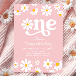 Pink Daisy Boho First Birthday Invitation